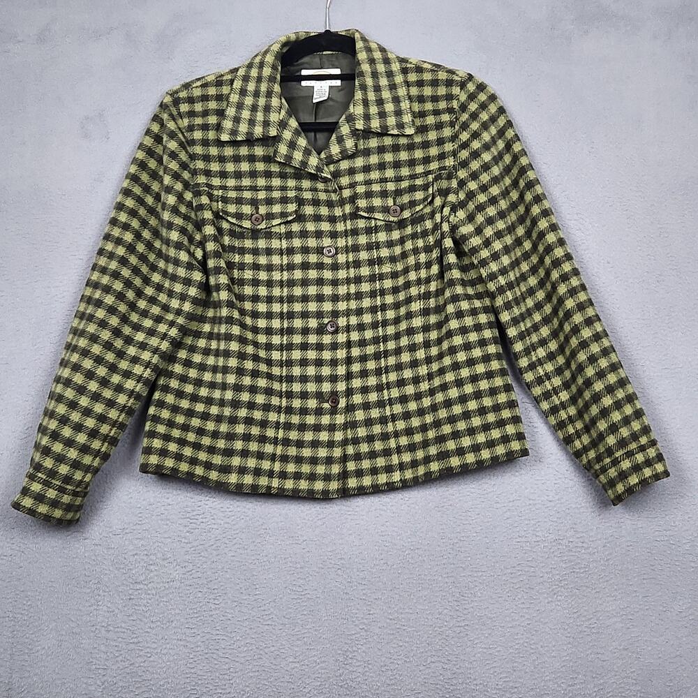 TALBOTS Jacket Womens 6 Green Black Plaid Wool Blend Button Front Lined Petite